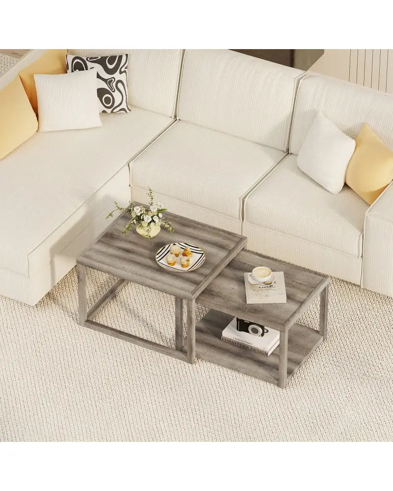 Nesting Coffee Table Set of 2 Stackable Rectangular End Tables-Gray - Gray - End & Side Tables