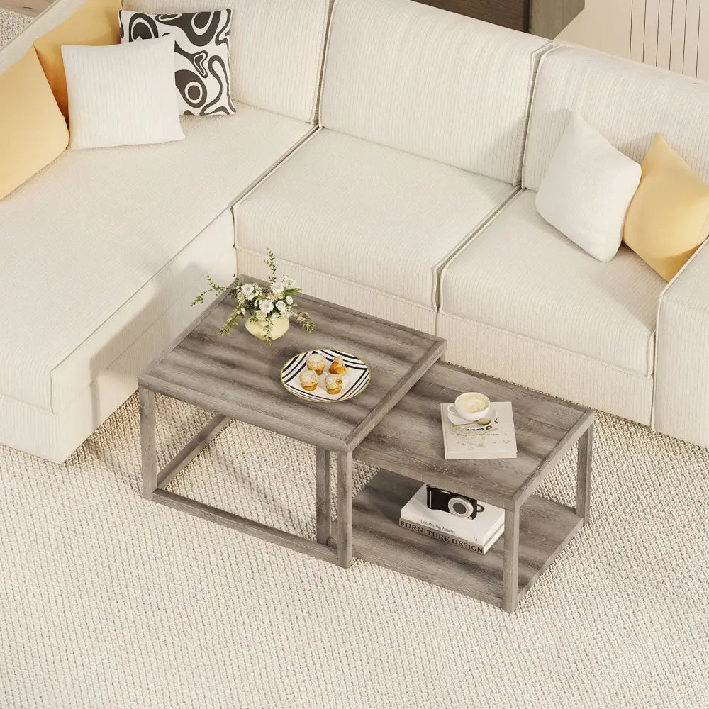 Nesting Coffee Table Set of 2 Stackable Rectangular End Tables-Gray - Gray - End & Side Tables