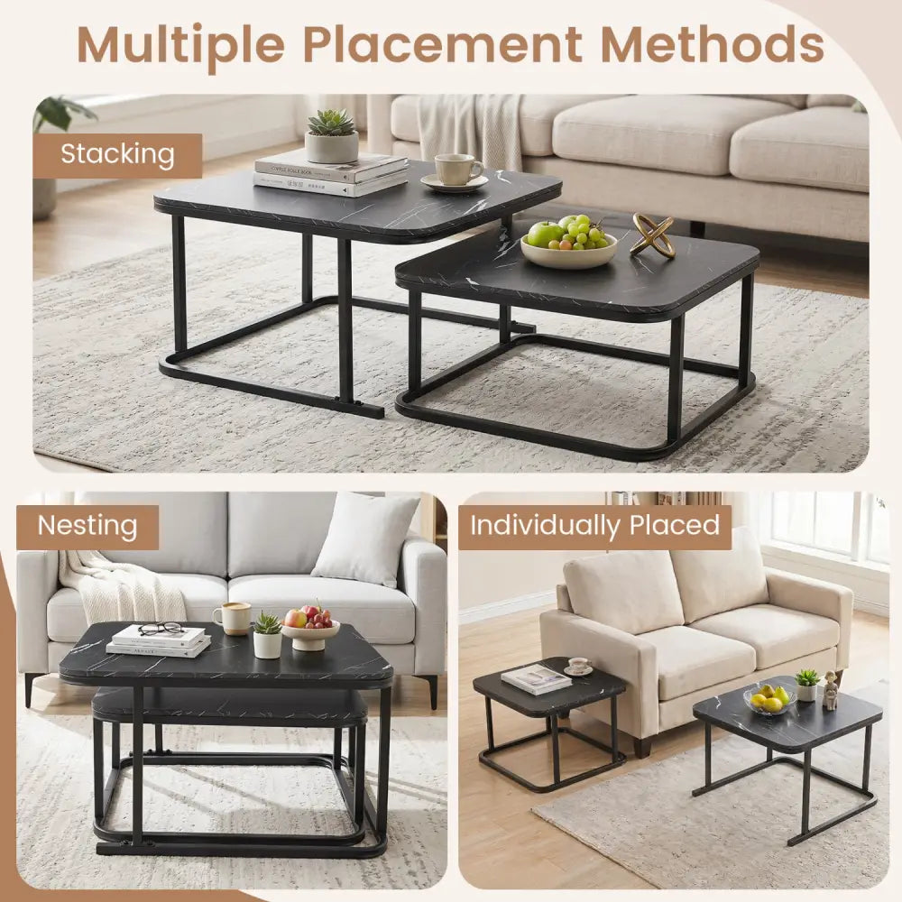 Nesting Coffee Table Set of 2 with Faux Marble Top and Metal Frame-Black - Black - Coffee Tables