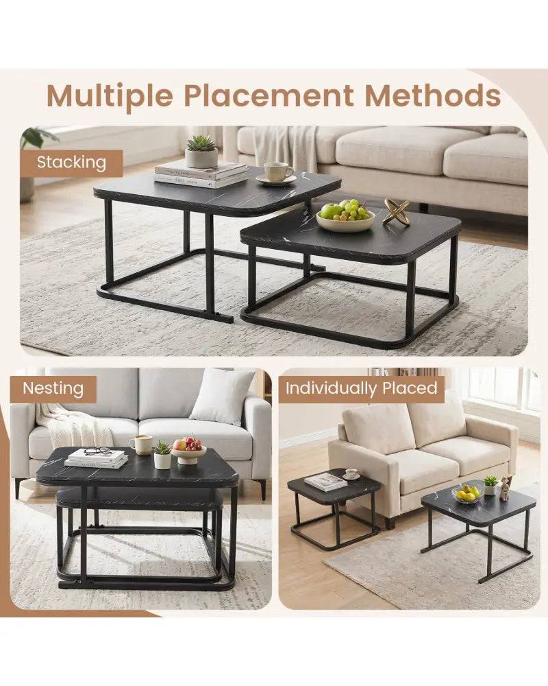 Nesting Coffee Table Set of 2 with Faux Marble Top and Metal Frame-Black - Black - Coffee Tables