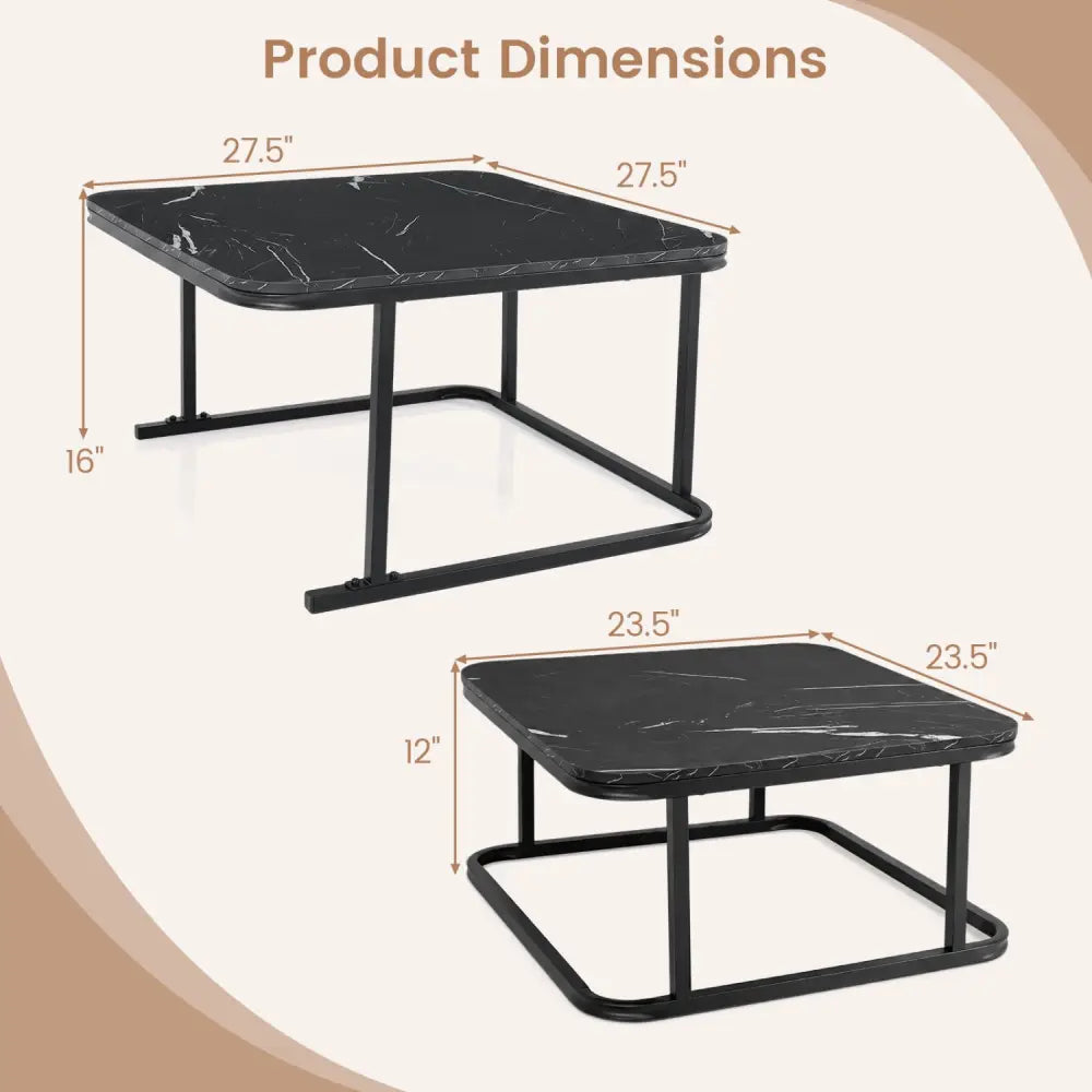 Nesting Coffee Table Set of 2 with Faux Marble Top and Metal Frame-Black - Black - Coffee Tables