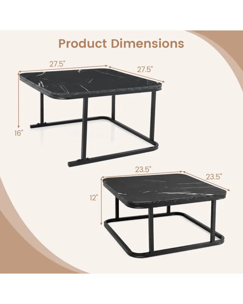 Nesting Coffee Table Set of 2 with Faux Marble Top and Metal Frame-Black - Black - Coffee Tables