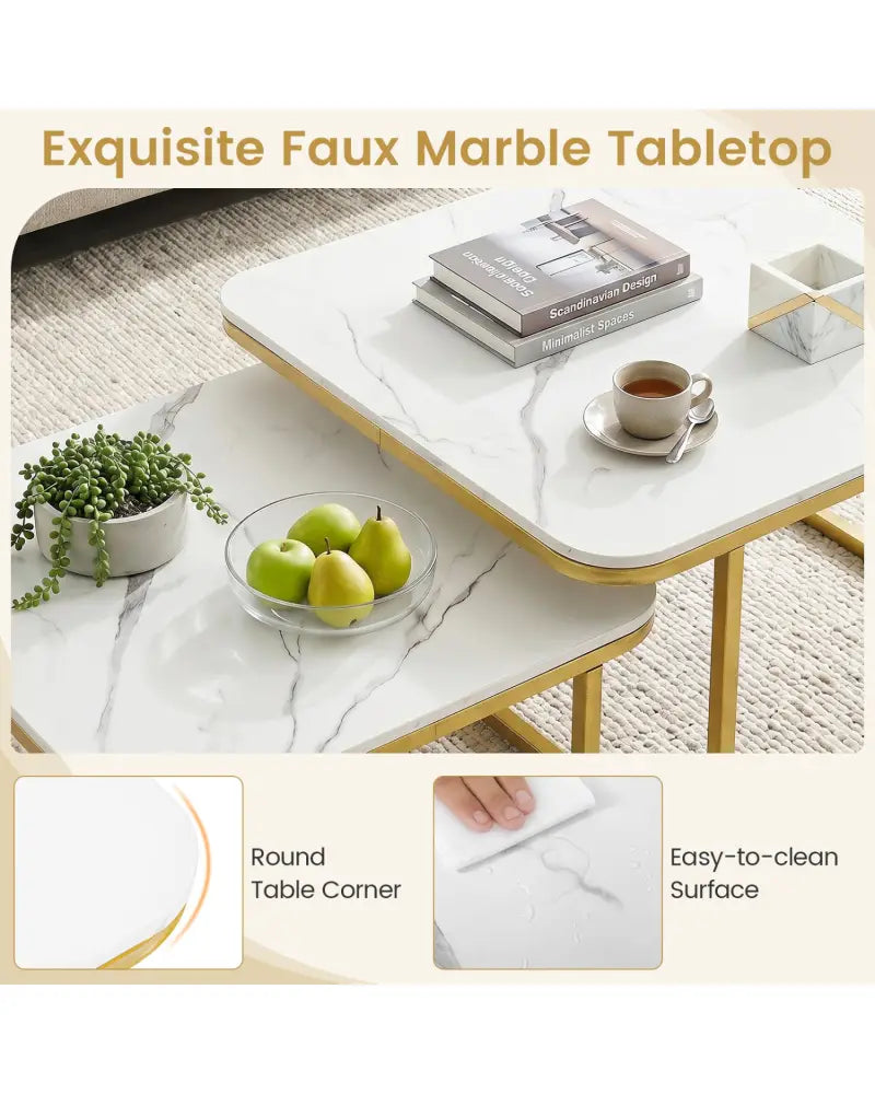 Nesting Coffee Table Set of 2 with Faux Marble Top and Metal Frame-White - White - Coffee Tables