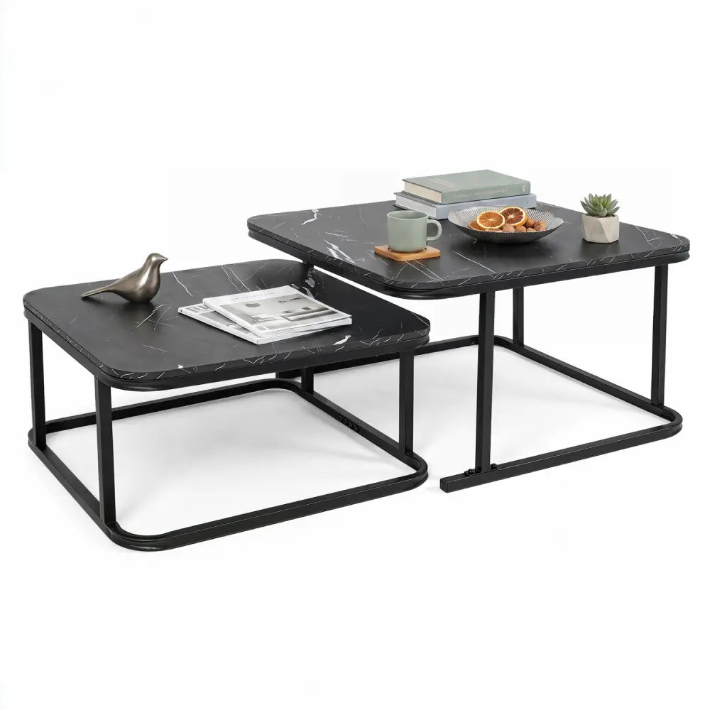 Nesting Coffee Table Set of 2 with Faux Marble Top and Metal Frame-Black - Black - Coffee Tables