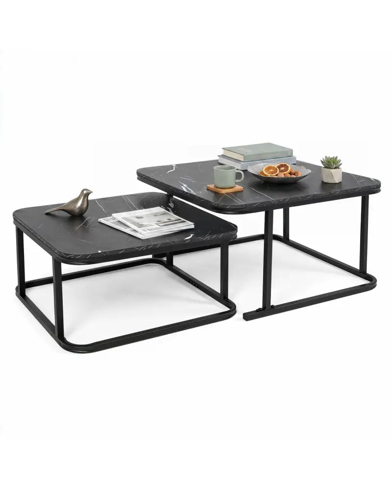 Nesting Coffee Table Set of 2 with Faux Marble Top and Metal Frame-Black - Black - Coffee Tables