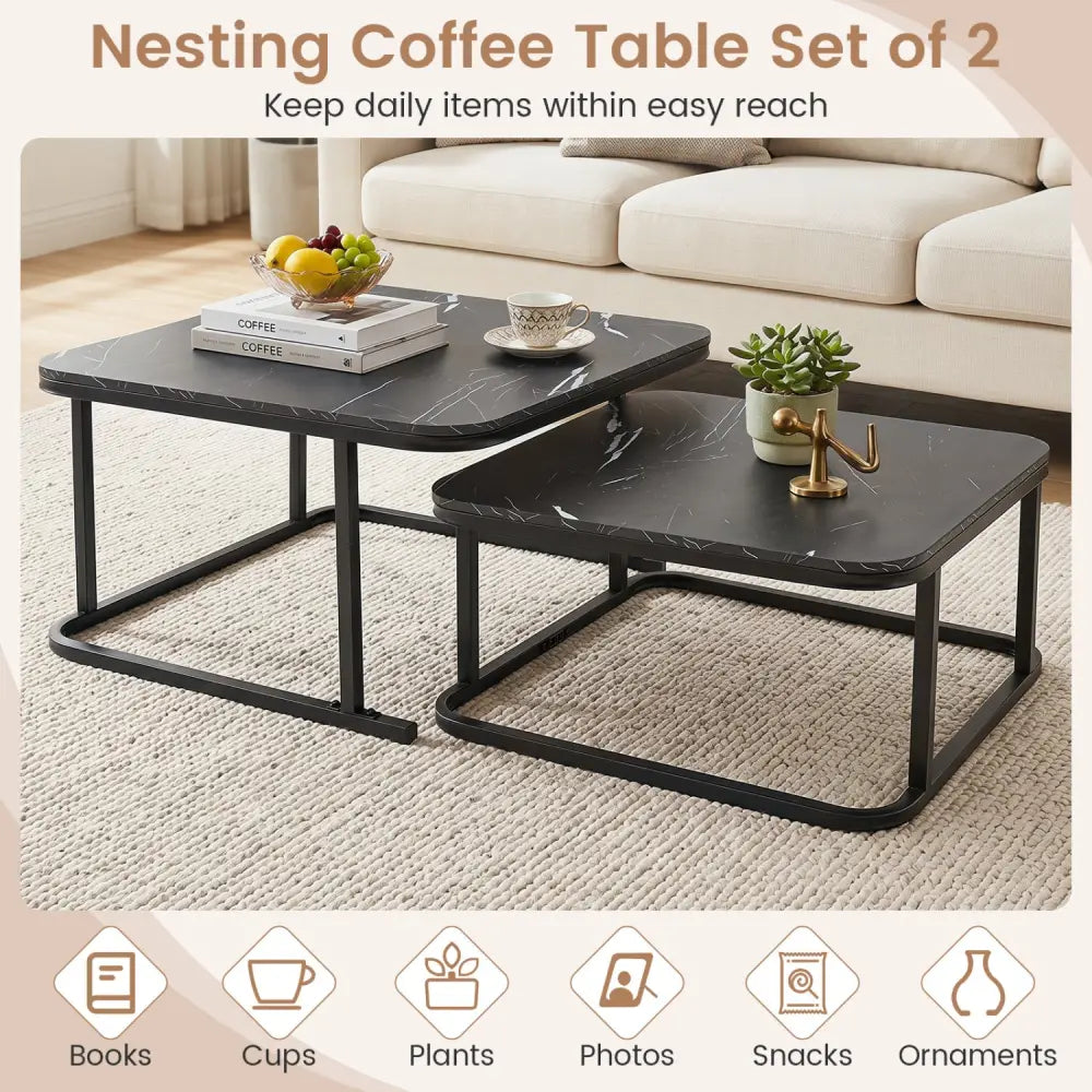 Nesting Coffee Table Set of 2 with Faux Marble Top and Metal Frame-Black - Black - Coffee Tables