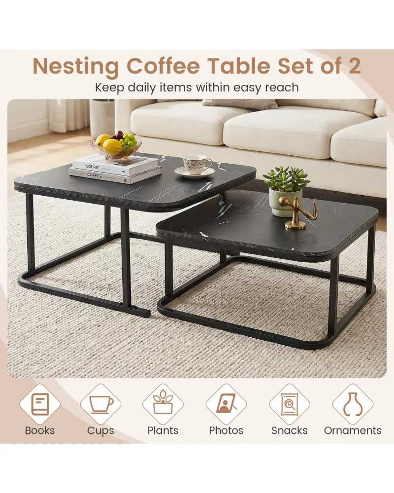 Nesting Coffee Table Set of 2 with Faux Marble Top and Metal Frame-Black - Black - Coffee Tables