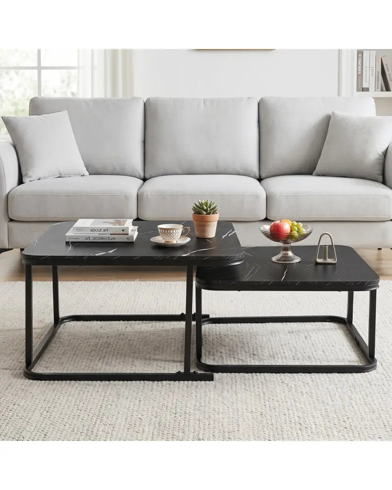 Nesting Coffee Table Set of 2 with Faux Marble Top and Metal Frame-Black - Black - Coffee Tables