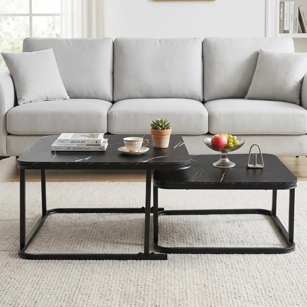 Nesting Coffee Table Set of 2 with Faux Marble Top and Metal Frame-Black - Black - Coffee Tables