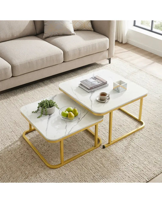 Nesting Coffee Table Set of 2 with Faux Marble Top and Metal Frame-White - White - Coffee Tables