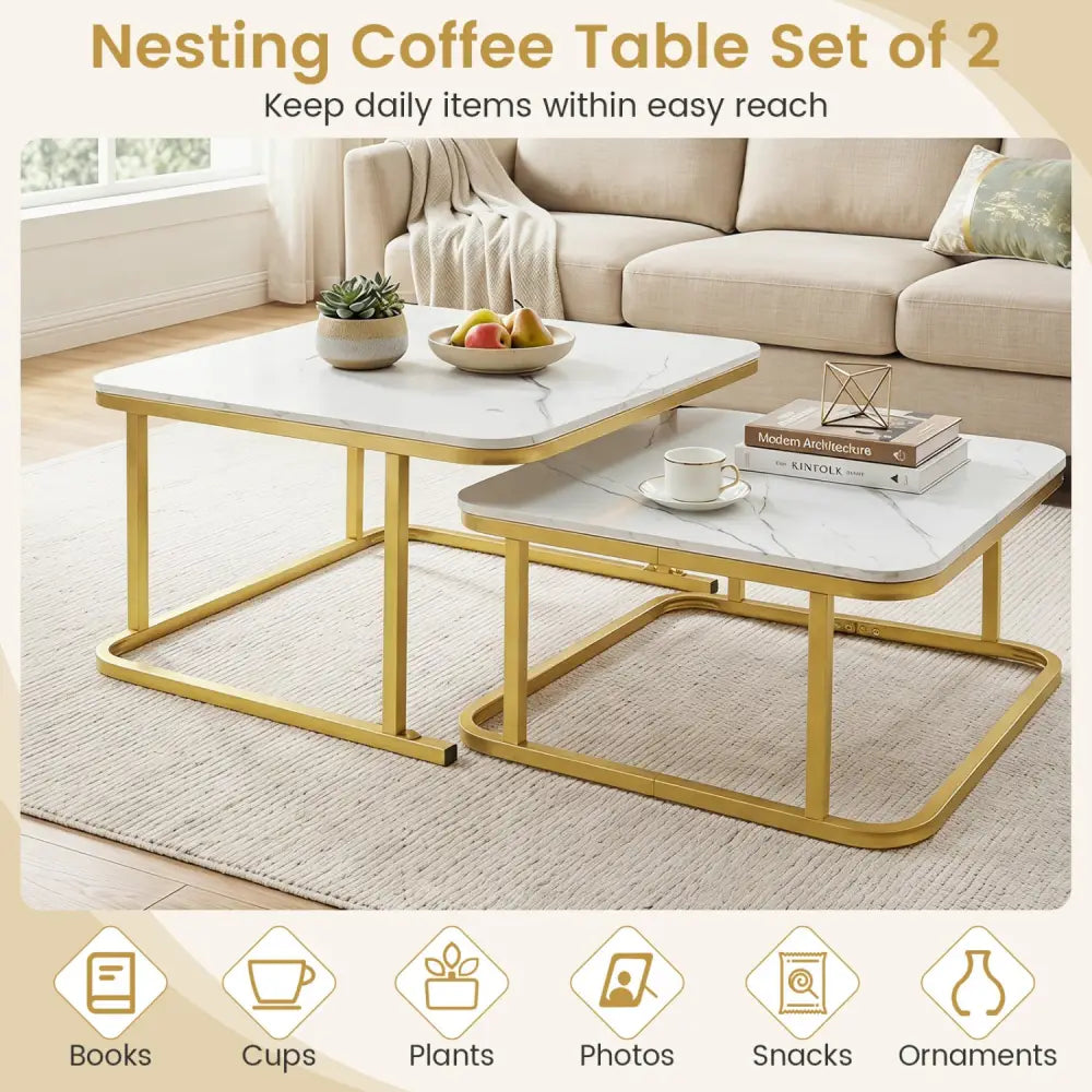 Nesting Coffee Table Set of 2 with Faux Marble Top and Metal Frame-White - White - Coffee Tables