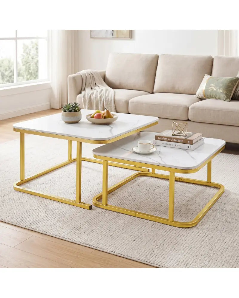 Nesting Coffee Table Set of 2 with Faux Marble Top and Metal Frame-White - White - Coffee Tables