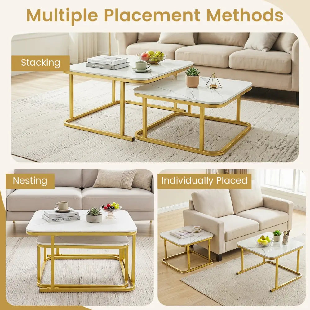 Nesting Coffee Table Set of 2 with Faux Marble Top and Metal Frame-White - White - Coffee Tables