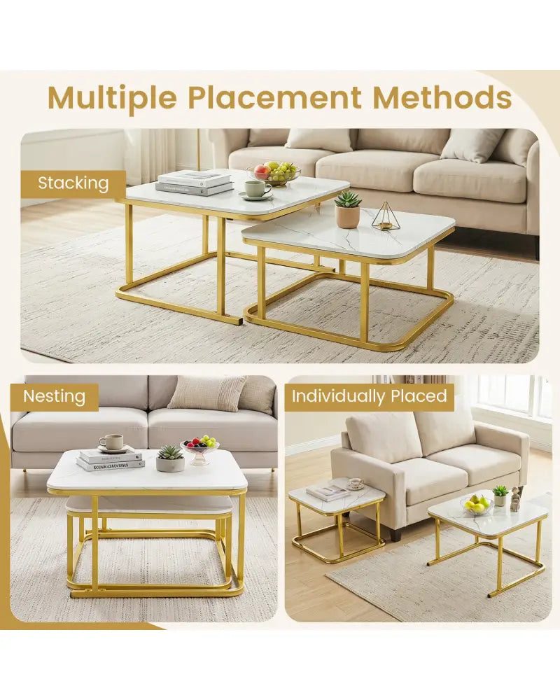 Nesting Coffee Table Set of 2 with Faux Marble Top and Metal Frame-White - White - Coffee Tables