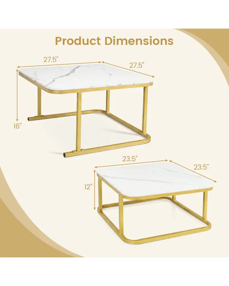 Nesting Coffee Table Set of 2 with Faux Marble Top and Metal Frame-White - White - Coffee Tables