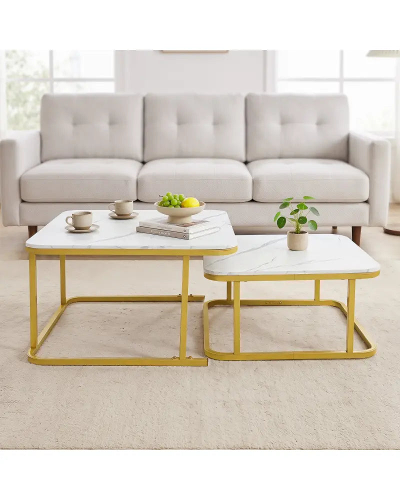 Nesting Coffee Table Set of 2 with Faux Marble Top and Metal Frame-White - White - Coffee Tables