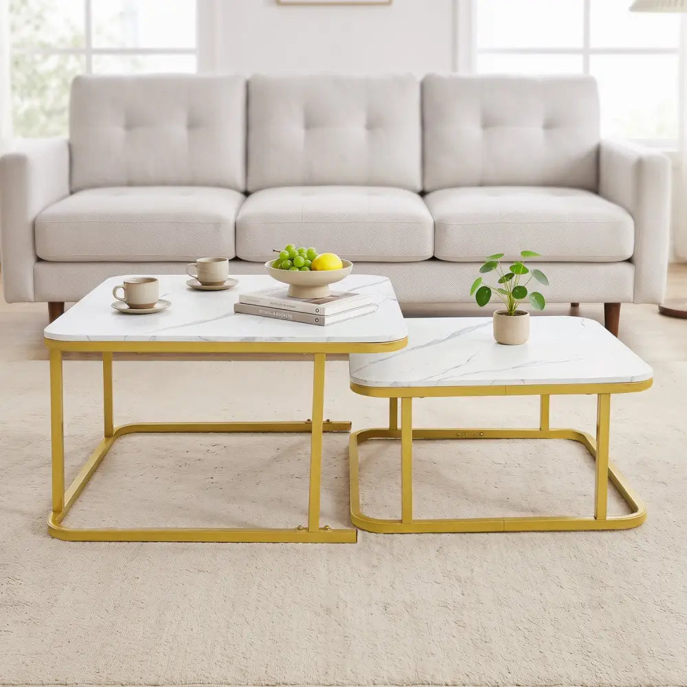 Nesting Coffee Table Set of 2 with Faux Marble Top and Metal Frame-White - White - Coffee Tables