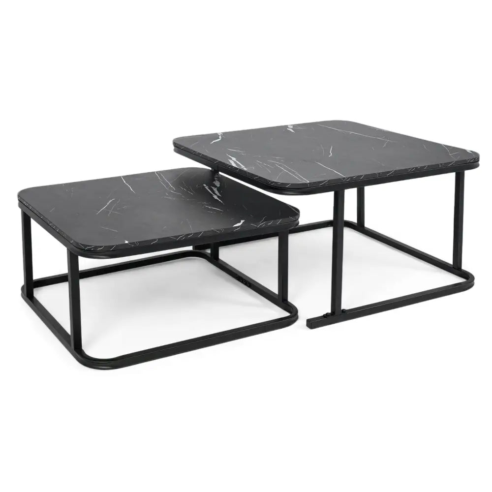 Nesting Coffee Table Set of 2 with Faux Marble Top and Metal Frame-Black - Black - Coffee Tables