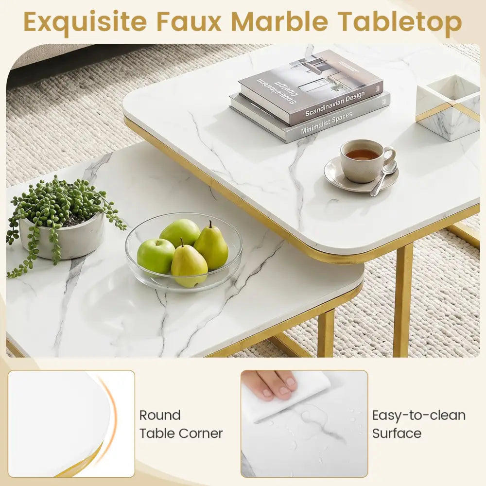 Nesting Coffee Table Set of 2 with Faux Marble Top and Metal Frame-White - White - Coffee Tables