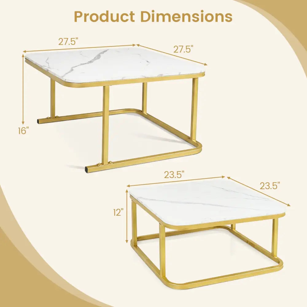 Nesting Coffee Table Set of 2 with Faux Marble Top and Metal Frame-White - White - Coffee Tables