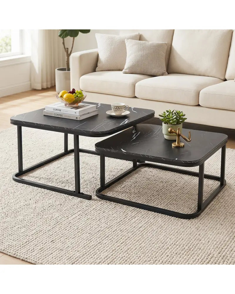 Nesting Coffee Table Set of 2 with Faux Marble Top and Metal Frame-Black - Black - Coffee Tables