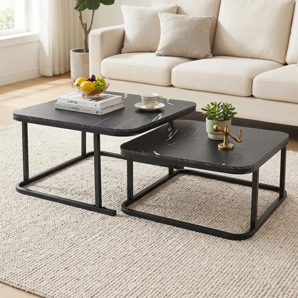 Nesting Coffee Table Set of 2 with Faux Marble Top and Metal Frame-Black - Black - Coffee Tables
