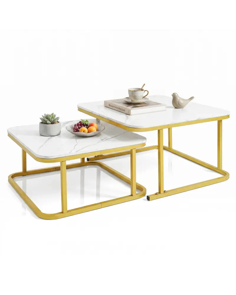 Nesting Coffee Table Set of 2 with Faux Marble Top and Metal Frame-White - White - Coffee Tables