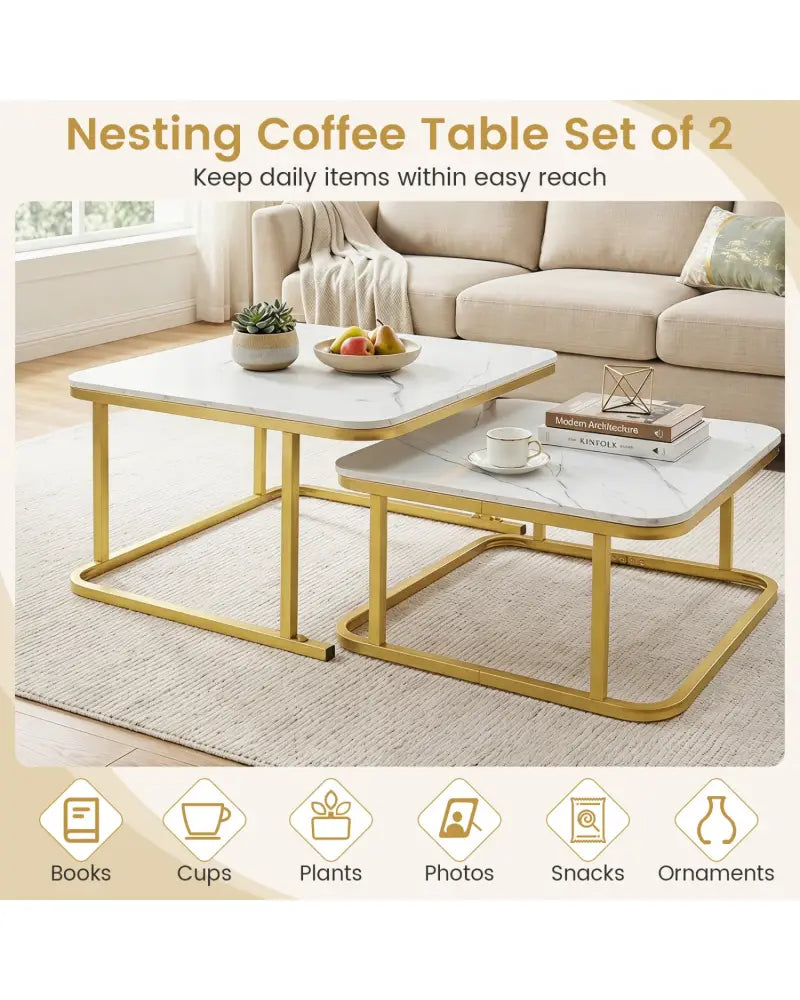 Nesting Coffee Table Set of 2 with Faux Marble Top and Metal Frame-White - White - Coffee Tables