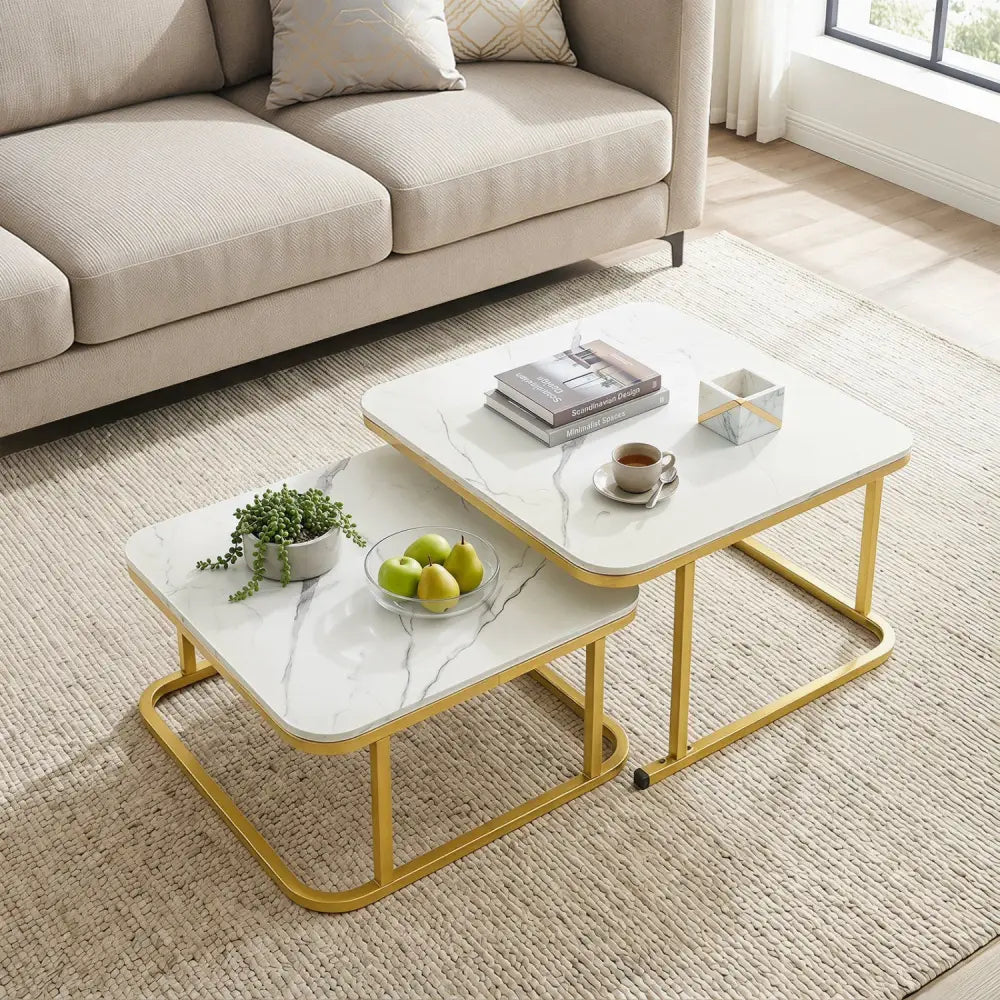 Nesting Coffee Table Set of 2 with Faux Marble Top and Metal Frame-White - White - Coffee Tables