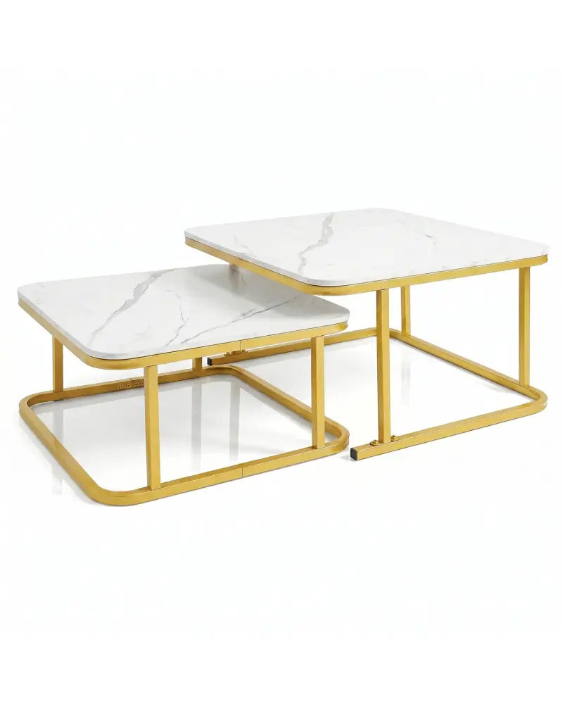 Nesting Coffee Table Set of 2 with Faux Marble Top and Metal Frame-White - White - Coffee Tables