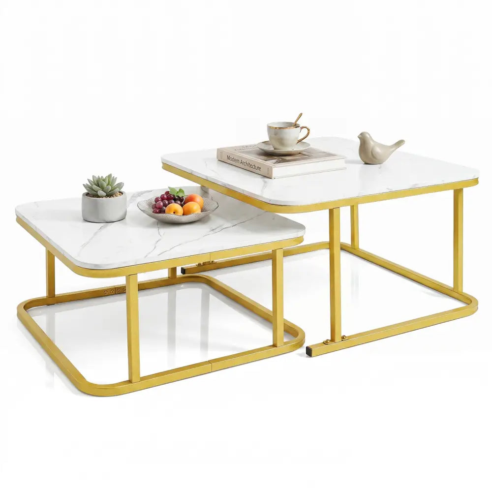 Nesting Coffee Table Set of 2 with Faux Marble Top and Metal Frame-White - White - Coffee Tables