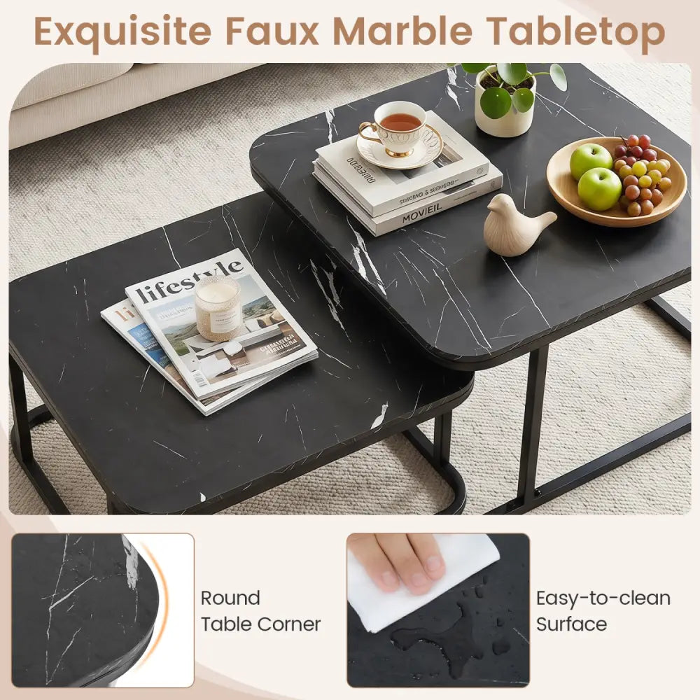 Nesting Coffee Table Set of 2 with Faux Marble Top and Metal Frame-Black - Black - Coffee Tables