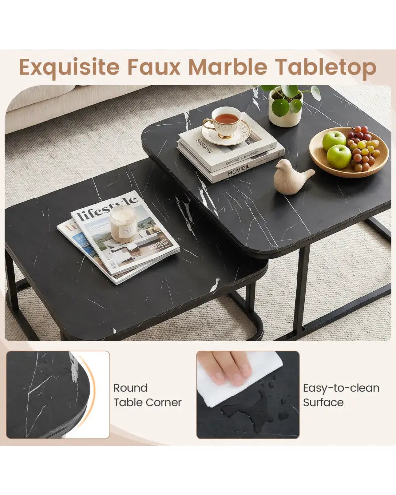 Nesting Coffee Table Set of 2 with Faux Marble Top and Metal Frame-Black - Black - Coffee Tables
