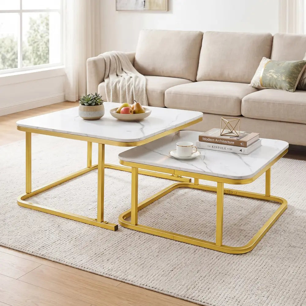 Nesting Coffee Table Set of 2 with Faux Marble Top and Metal Frame-White - White - Coffee Tables