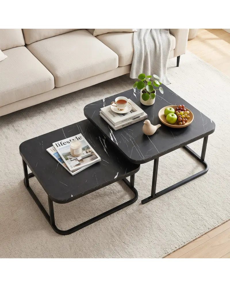 Nesting Coffee Table Set of 2 with Faux Marble Top and Metal Frame-Black - Black - Coffee Tables