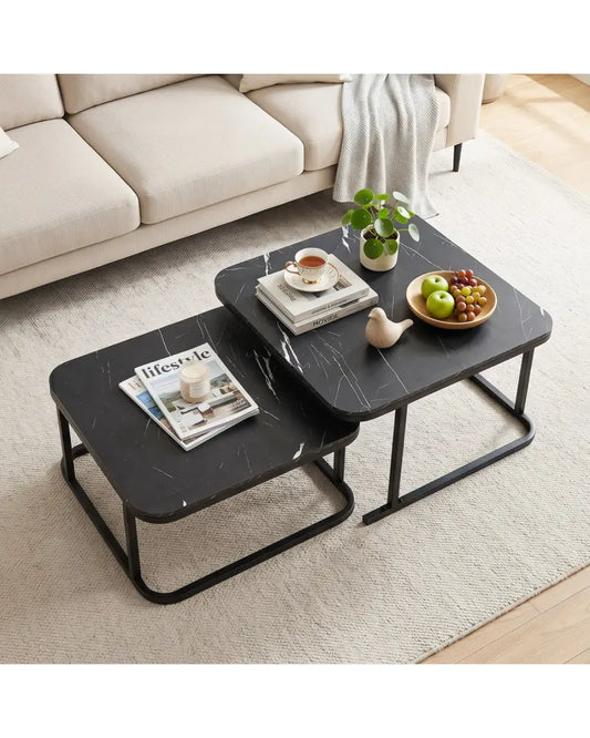 Nesting Coffee Table Set of 2 with Faux Marble Top and Metal Frame-Black - Black - Coffee Tables