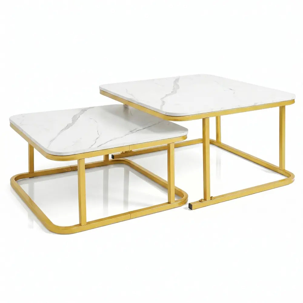 Nesting Coffee Table Set of 2 with Faux Marble Top and Metal Frame-White - White - Coffee Tables
