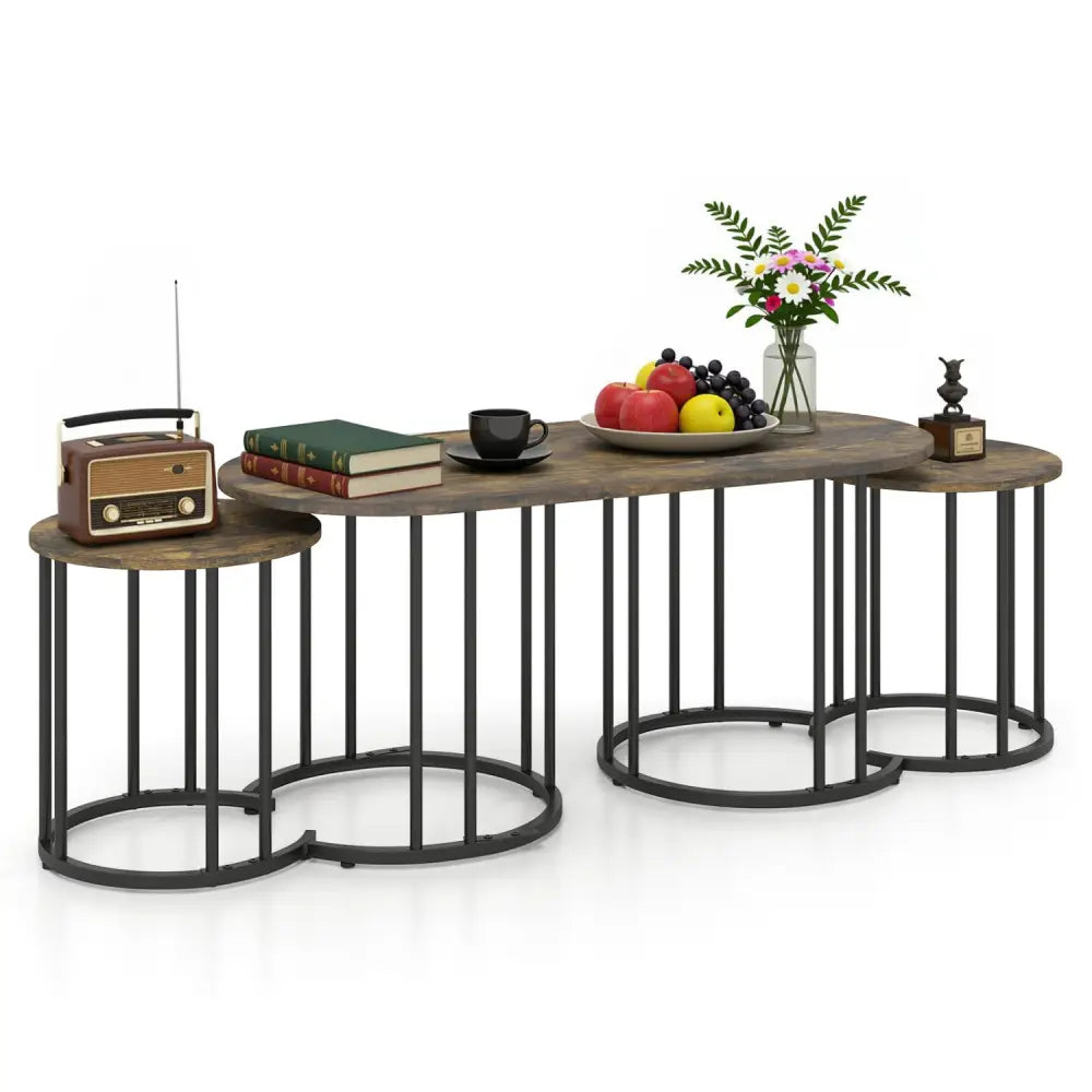 Nesting Coffee Table Set of 3 with Faux Marble Tabletop and Powder-coated Gold Metal Frame-Rustic Brown - Rustic Brown