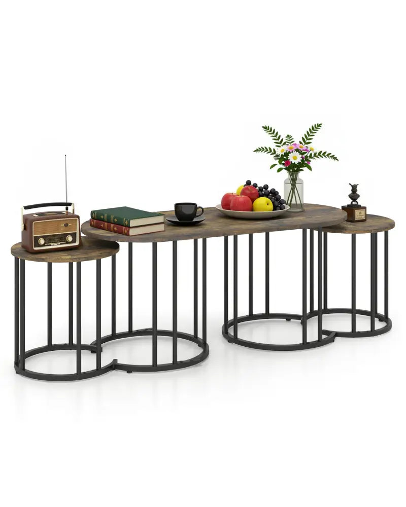 Nesting Coffee Table Set of 3 with Faux Marble Tabletop and Powder-coated Gold Metal Frame-Rustic Brown - Rustic Brown