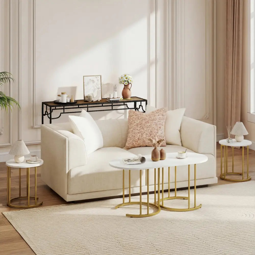 Nesting Coffee Table Set of 3 with Faux Marble Tabletop and Powder-coated Gold Metal Frame-White - White - Coffee Tables