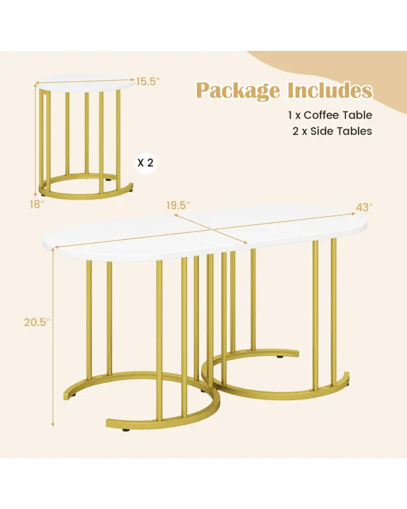 Nesting Coffee Table Set of 3 with Faux Marble Tabletop and Powder-coated Gold Metal Frame-White - White - Coffee Tables