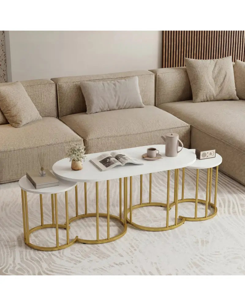 Nesting Coffee Table Set of 3 with Faux Marble Tabletop and Powder-coated Gold Metal Frame-White - White - Coffee Tables