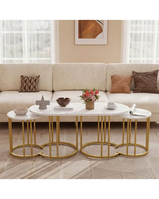 Nesting Coffee Table Set of 3 with Faux Marble Tabletop and Powder-coated Gold Metal Frame-White - White - Coffee Tables