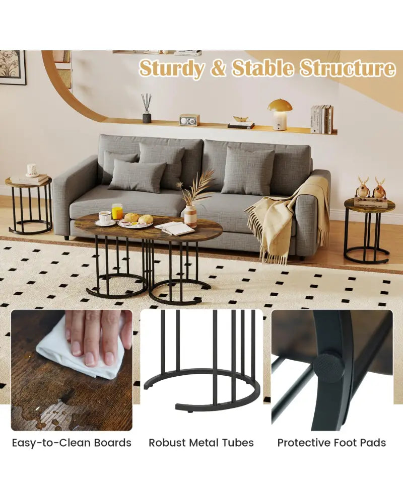 Nesting Coffee Table Set of 3 with Faux Marble Tabletop and Powder-coated Gold Metal Frame-Rustic Brown - Rustic Brown
