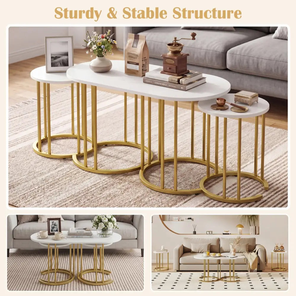 Nesting Coffee Table Set of 3 with Faux Marble Tabletop and Powder-coated Gold Metal Frame-White - White - Coffee Tables