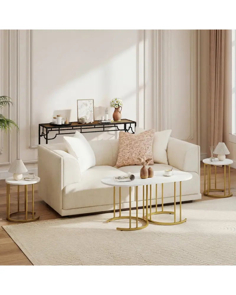Nesting Coffee Table Set of 3 with Faux Marble Tabletop and Powder-coated Gold Metal Frame-White - White - Coffee Tables