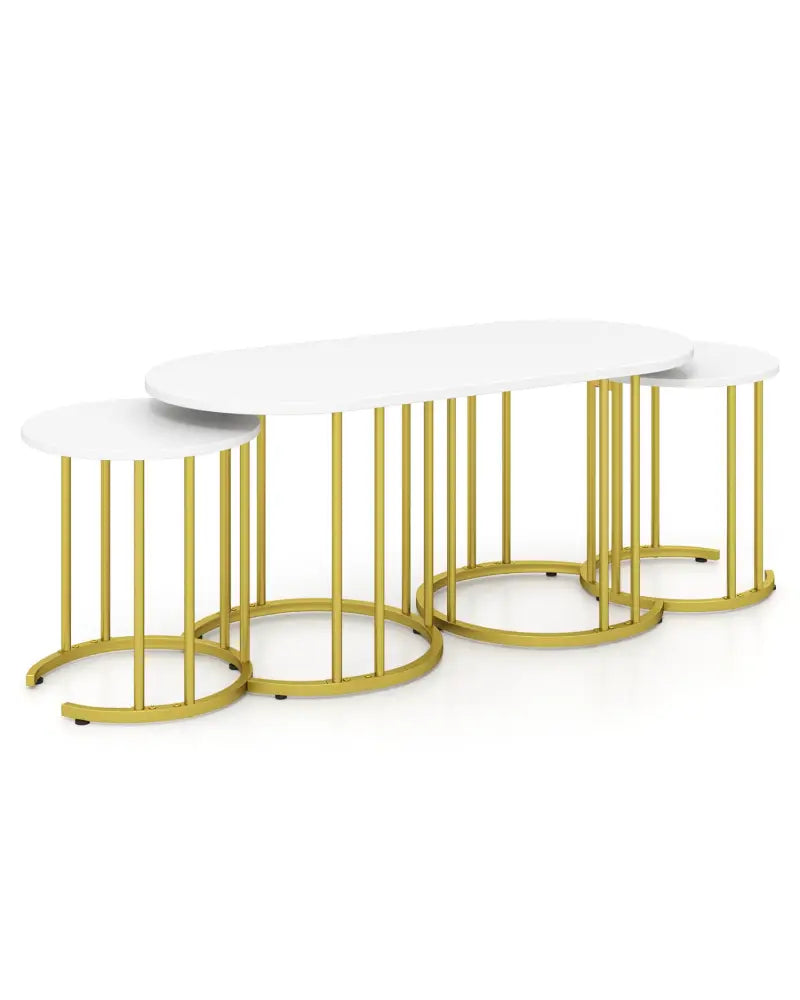 Nesting Coffee Table Set of 3 with Faux Marble Tabletop and Powder-coated Gold Metal Frame-White - White - Coffee Tables
