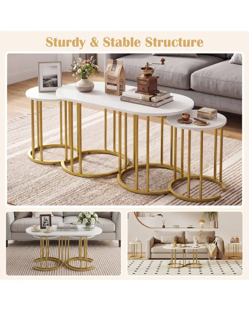 Nesting Coffee Table Set of 3 with Faux Marble Tabletop and Powder-coated Gold Metal Frame-White - White - Coffee Tables
