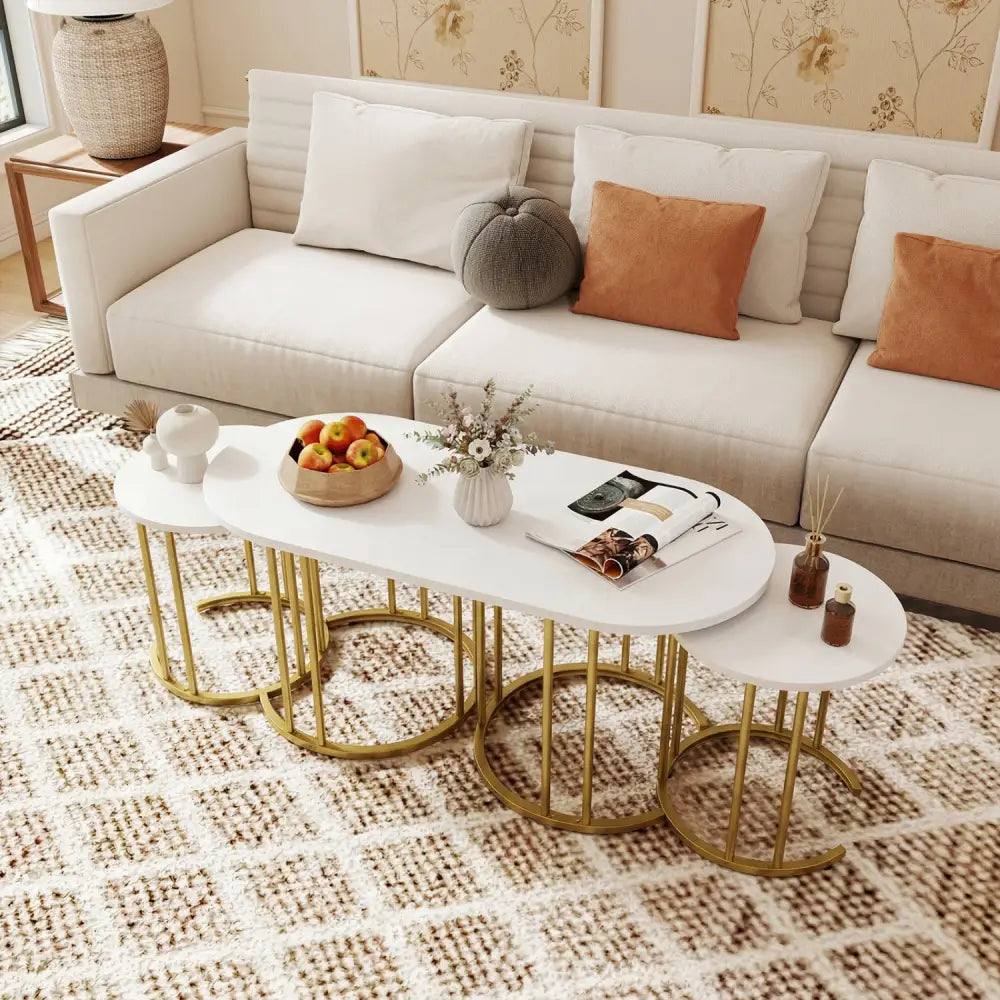 Nesting Coffee Table Set of 3 with Faux Marble Tabletop and Powder-coated Gold Metal Frame-White - White - Coffee Tables