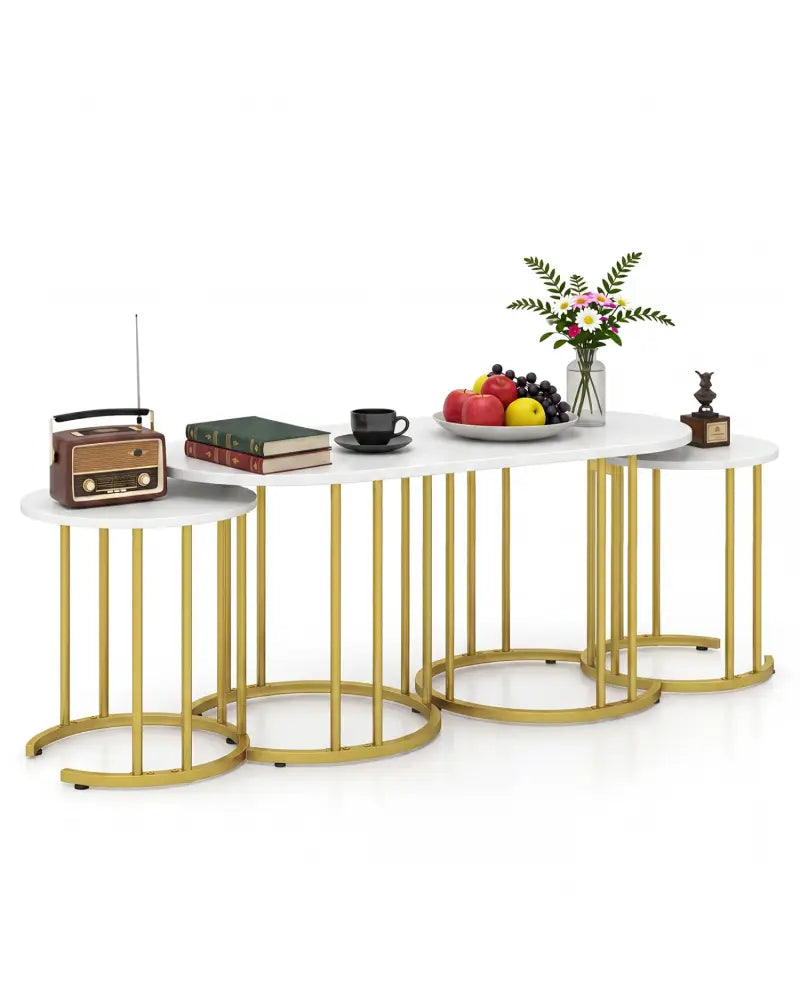 Nesting Coffee Table Set of 3 with Faux Marble Tabletop and Powder-coated Gold Metal Frame-White - White - Coffee Tables